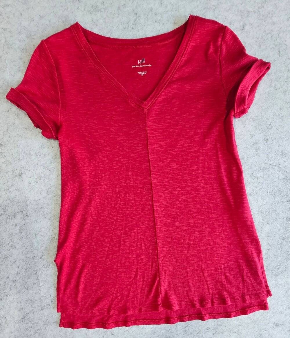 J Jill Pima Cotton T Shirt Slub Knit V Neck Short Sleeve Top Red Sz XS